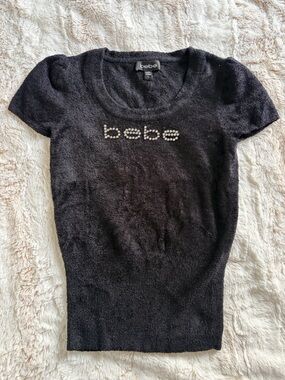 💎 Vintage Y2K Bebe Swarovski Fuzzy Black McBling Glam Snatched Logo Sweater Top